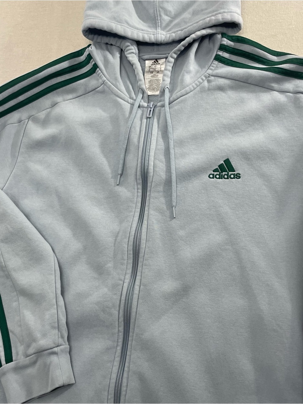 Adidas Hoodie Mens L Baby Blue Essentials 3 Stripes Full Zip Fleece Sweatshirt - Picture 2 of 10